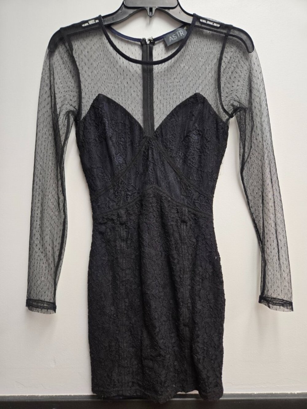 ASTR The Label Black Mesh Lace Mini Dress Small S Long Sleeve Sheer Night Out